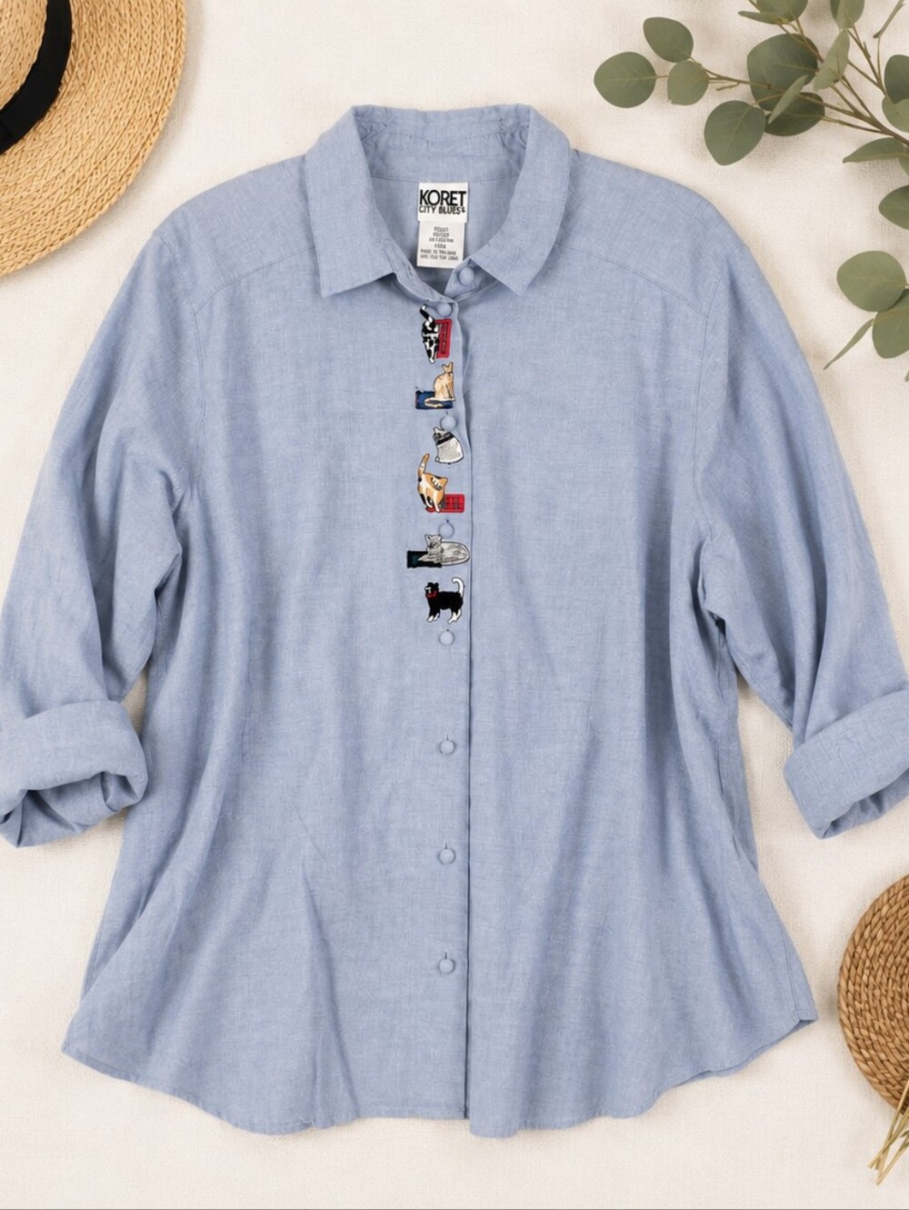 Koret Chambray Cat Novelty Embroydered L Sleeve Button Shirt. Ladies 18W